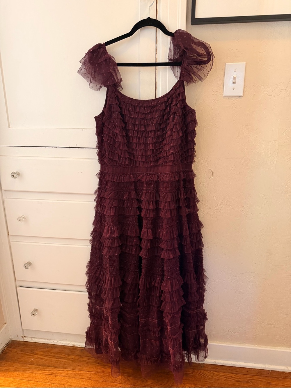 Mac Duggal Burgundy Layered Ruffle Tulle Evening Gown